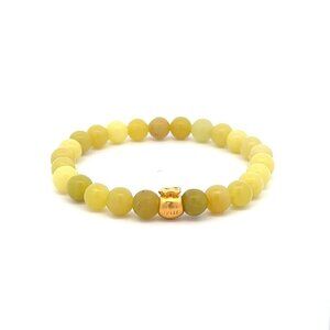 24K Gold Money Bag Lucky Charm Stretchable Bracelet Natural Lemon Jade 6mm